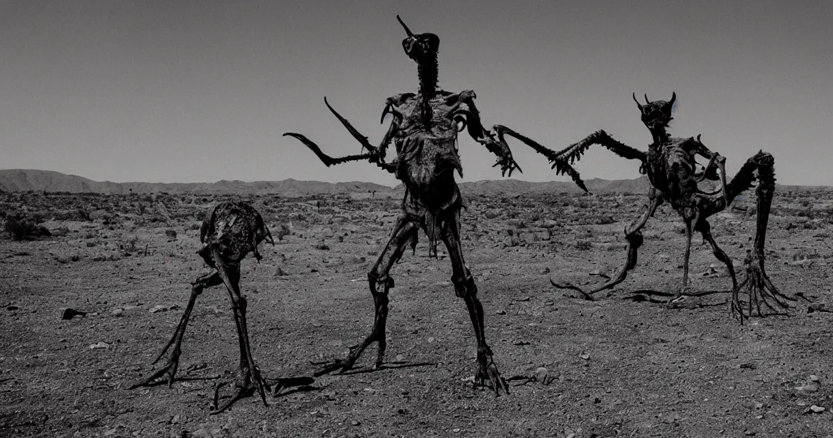 Image similar to in the desert a bloody gross horrifying The Thing creature made of muscle and bone and blood stares at the camera, eating, there is a pool of blood on the ground, it walks on two legs, like a skinwalker, mid day, 35mm photography, realistic,