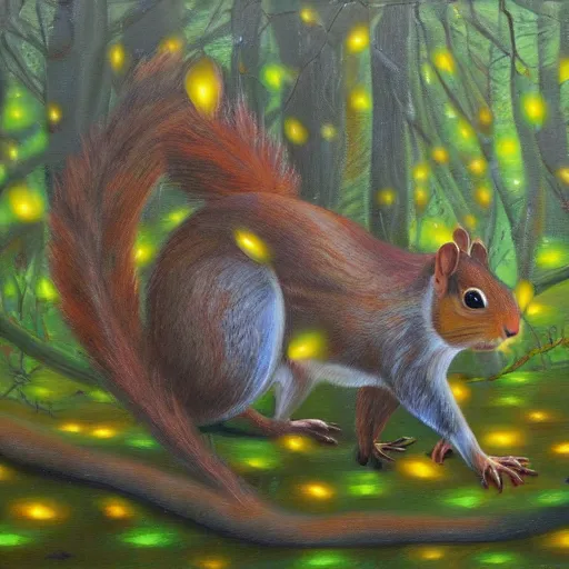 Image similar to beautiful oil painting of squirrels with glowing eyes hiding under foilage, raining at night