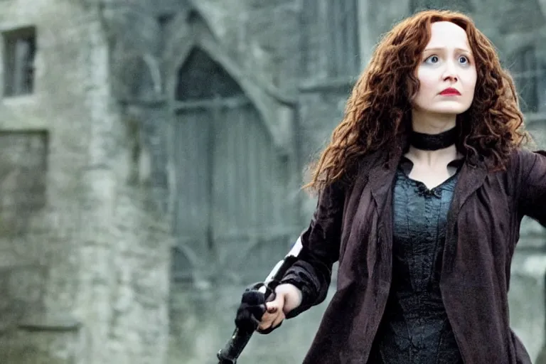 Prompt: film still Elizabeth Olson as Bellatrix Lestrange in Harry Potter movie