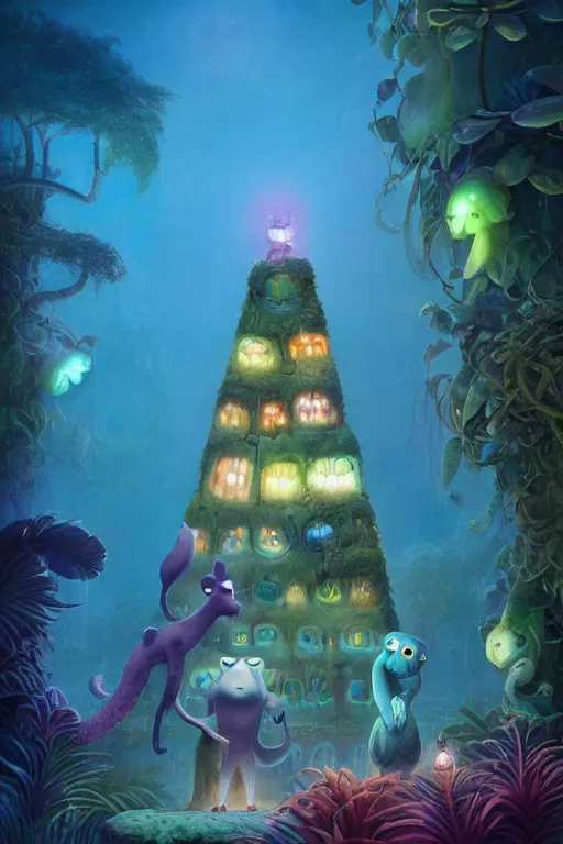 Image similar to a surreal Bioluminescent, very very very cute Jungle Pyramid in a happy world by Daniel Merriam, Trending on Artstation, oil on Canvas by Elena Zhurikhina and Goro Fujita and Charlie Bowater, octane render, 4k, 8k, HD