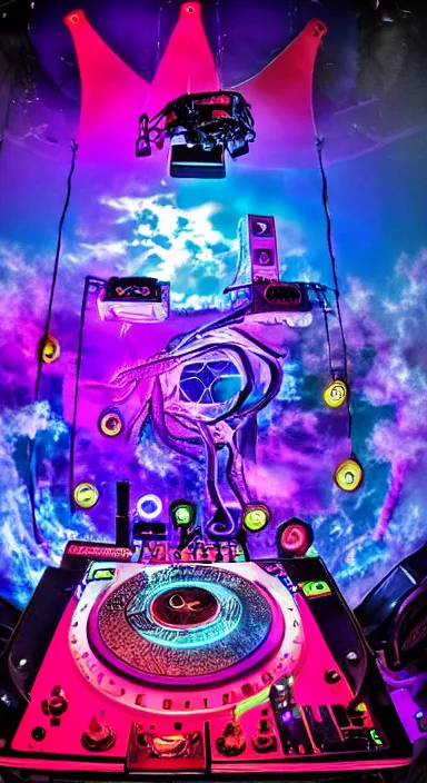 Image similar to award winning photo of an octopus! as a dj with tentacles! simultaneously placed turntables cdjs and knobs of a pioneer dj mixer. sharp, blue and fuschia colorful lighting, in front of a large crowd, studio, medium format, 8 k detail, volumetric lighting, wide angle, at an outdoor psytrance festival main stage at night