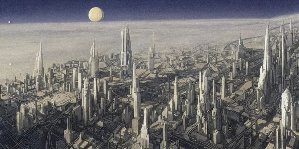 Image similar to a sprawling white fantastical city on the edge of a black hole, painted by francois schuiten and moebius and vilhelm hammershøi