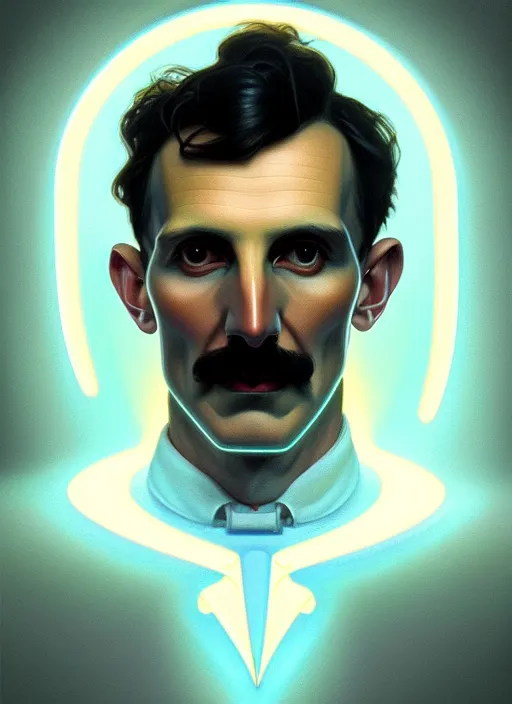 Image similar to symmetry!! portrait of nikola tesla male, chemisty, sci - fi, glowing lights!! intricate, elegant, highly detailed, digital painting, artstation, concept art, smooth, sharp focus, illustration, art by artgerm and greg rutkowski and alphonse mucha, 8 k