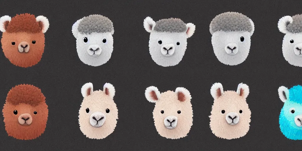 Prompt: game asset of unique alpaca heads on black background, organic, animated disney movie palette, animated disney movie black inking, cel shading, 5 colors, no gradients, flat 2 d design, 2 d sprites, 8 k, close up