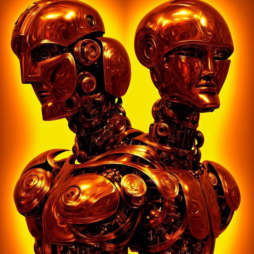 Image similar to cinematic bust portrait of psychedelic god robot from left, head and chest only, robotic improvements, part of Moebius, part of maxfield parrish, part of Thomas Ehretsmann,, oil on canvas, masterpiece, trending on artstation, cinematic composition, dramatic pose, beautiful lighting, sharp, details, hyper-detailed, volumetric lighting 4K