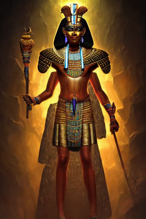 Image similar to egypt god osiris, god of the underworld, highly detailed, d & d, fantasy, highly detailed, digital painting, trending on artstation, concept art, sharp focus, illustration, global illumination, ray tracing, realistic shaded, art by artgerm and greg rutkowski and fuji choko and viktoria gavrilenko and hoang lap, sunny