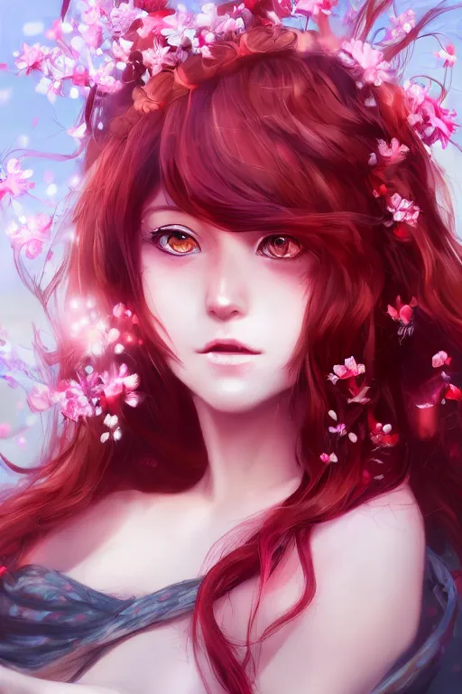 Prompt: face portrait of a beautiful anime girl with red wavy hair and flowers around her face, digital painting, trending on artstation and deviantart, epic composition, vibrant, highly detailed, ross draws, wlop, 8 k