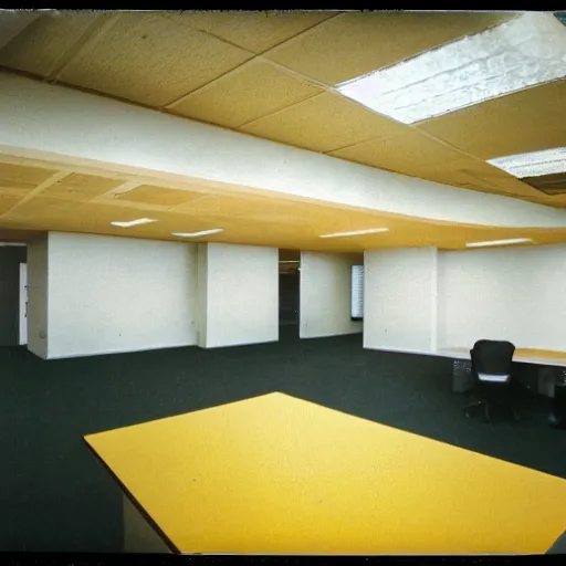 Image similar to A polaroid photograph of an empty endless office space, yellow wallpaper on the walls, moist dirty carpet, fluorescent warm lights lighting the scene, no furniture