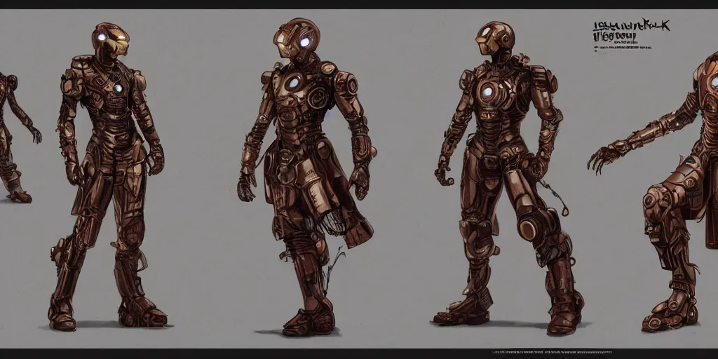 Image similar to steampunk iron man, character sheet, concept design, contrast, kim jung gi, greg rutkowski, zabrocki, karlkka, jayison devadas, trending on artstation, 8 k, ultra wide angle, pincushion lens effect