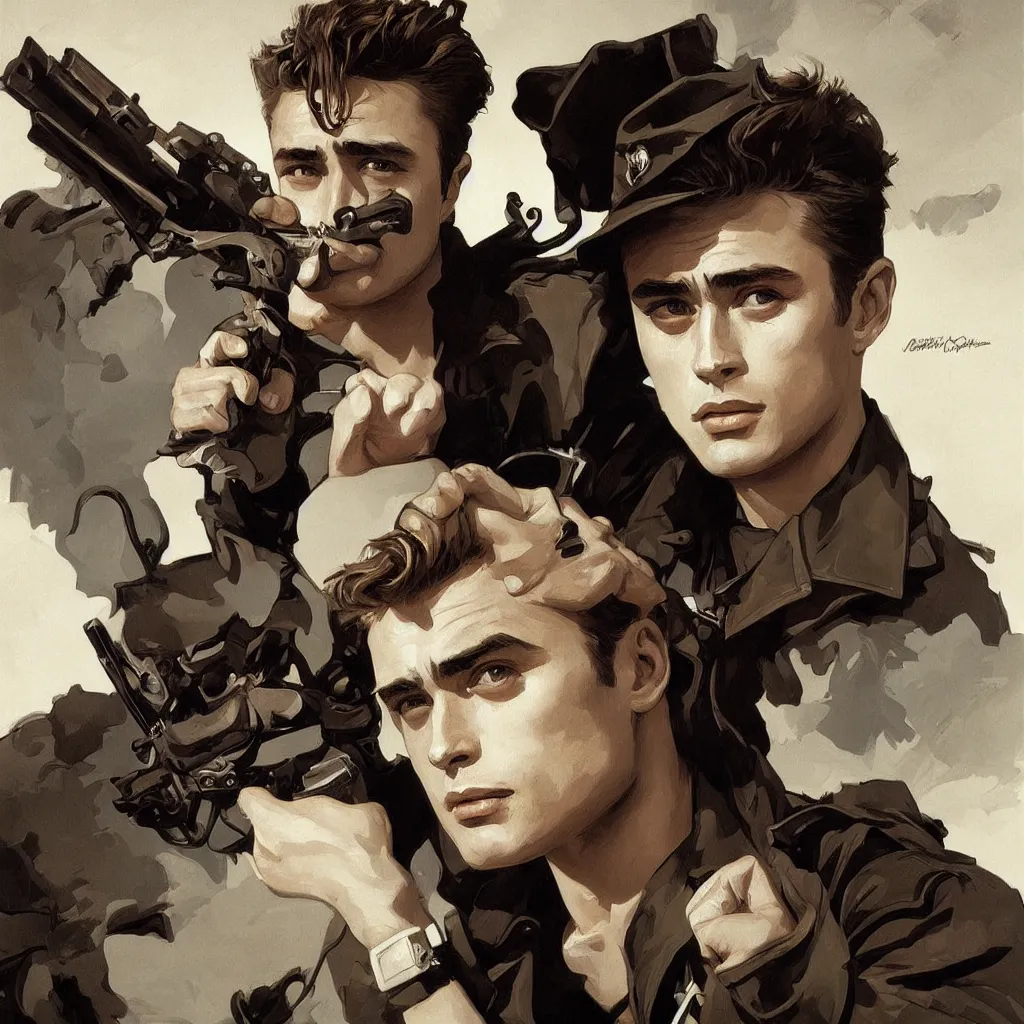 Image similar to james dean as a soldier intricate, elegant, highly detailed, digital painting, artstation, concept art, smooth, sharp focus, illustration, art by artgerm and greg rutkowski and alphonse mucha and william - adolphe bouguereau