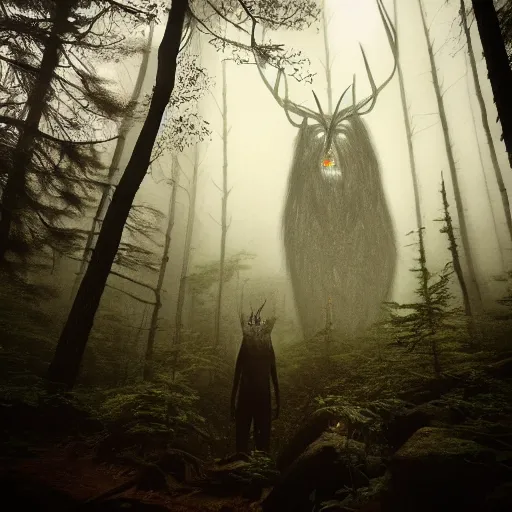 Prompt: beautiful Appalachian forest with a wendigo looming in the background