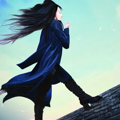 Image similar to low - angle shot from behind of a long blue - haired girl in a tailcoat overlooking demacia, combat boots, noir, screenshot, sharp focus, intricate, illustration, cell shaded, digital painting, highly detailed, straight hair, art by ilya kuvshinov, wlop, greg rutkowski, studio quality, james jean