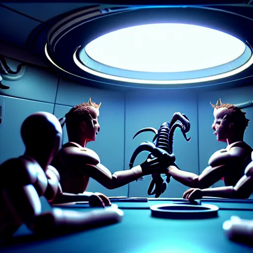 Prompt: astronauts in a meeting, there is a xenomorph behind them holding a blade, hyperrealistic, 3 d, 8 k, unreal engine, octane render, make it look like it was made by dall - e 2