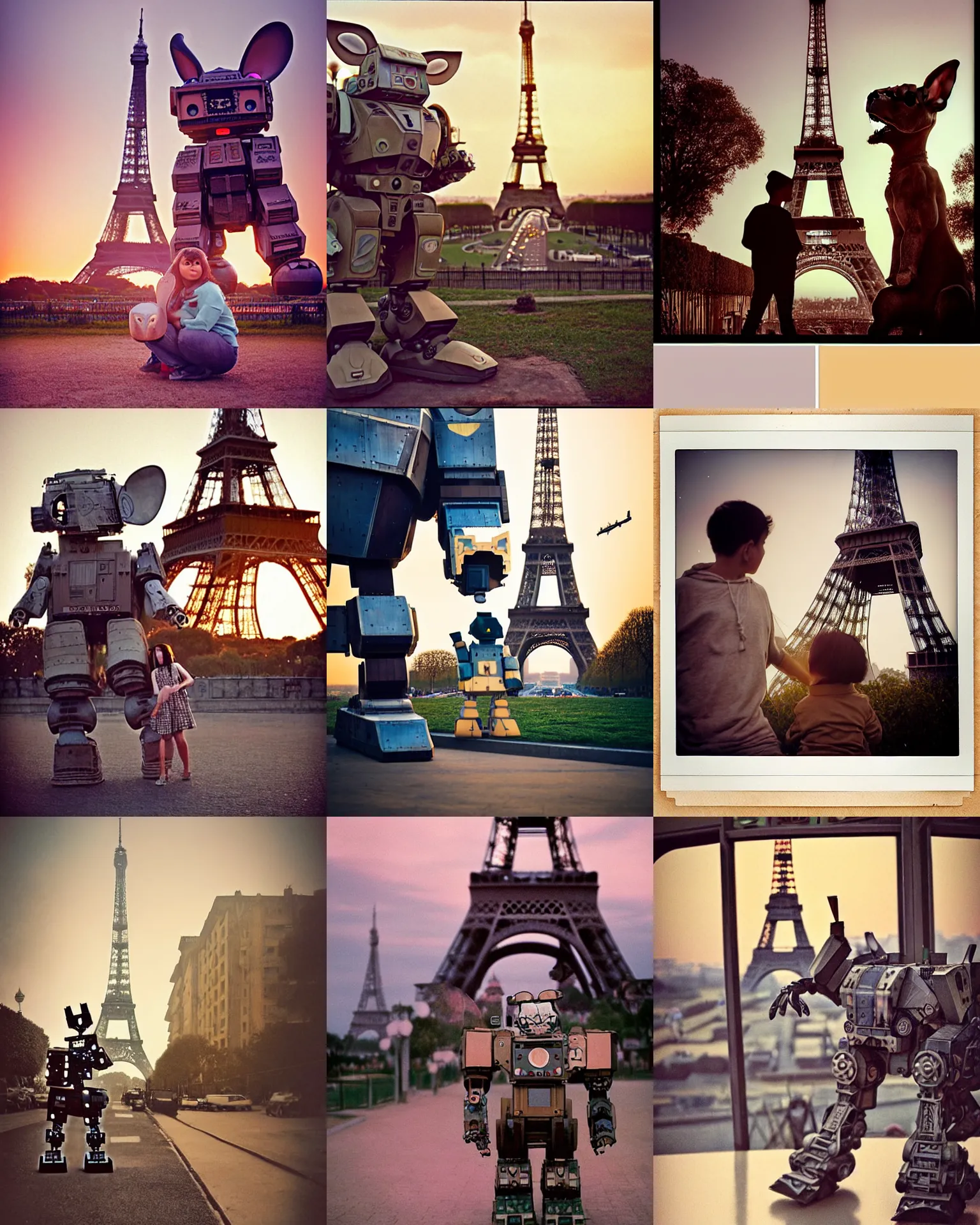 Prompt: giant oversized battle chubby intricate robot rabbit mech with big oversized ears next to eiffel tower , Cinematic focus dof , Polaroid vintage color photo , vintage! , neutral dull colors, soft lights, sunset backlight , full body, by Steve Hanks, by Serov Valentin, by lisa yuskavage, by Andrei Tarkovsky