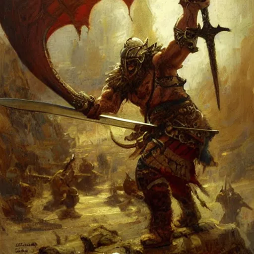 Image similar to viking berserker with a two - meter two - handed sword fighting a dragon, painting by gaston bussiere, craig mullins, j. c. leyendecker