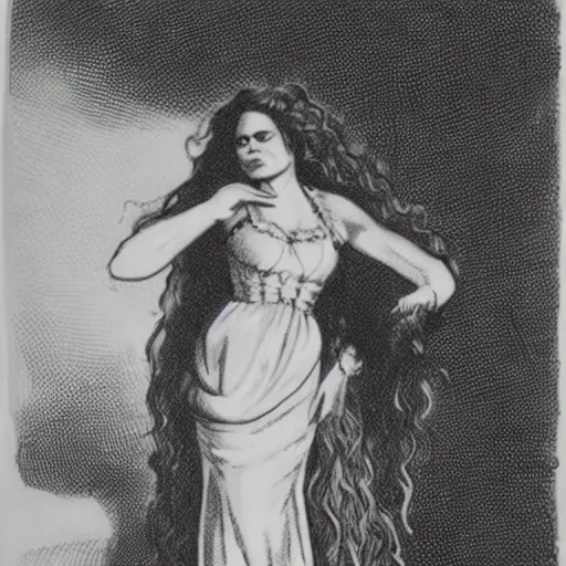 Prompt: a black and white drawing of a woman with long curly hair using a dress