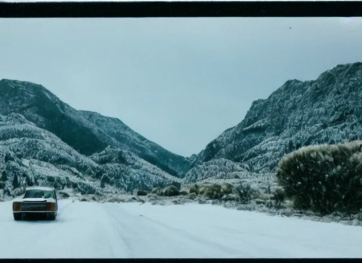 Image similar to A very high resolution image from a new movie, landscape from a car window , mountains, snowy, snowy mountains, Polaroid, directed by wes anderson