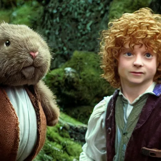 Image similar to a british lad as Bartook a teen hobbit with short curly dark brown hair wearing a blue vest with a white sash standing next to a giant rabbit, high resolution film still, movie by Peter Jackson