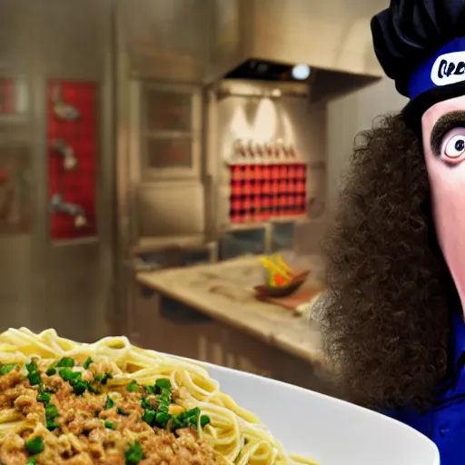 Image similar to a crazed weird al wearing a chef's hat and uniform with half of his lower body inside a bowl of alfredo, realistic, hyperrealistic, ultra realistic, real, real world, highly detailed, very detailed, extremely detailed, intricate details, 8 k resolution, hd quality