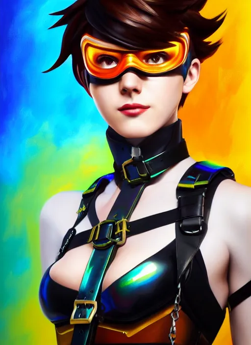 Image similar to oil painting digital artwork of tracer overwatch, confident pose, wearing black iridescent rainbow latex, 4 k, expressive happy smug expression, makeup, in style of mark arian, wearing leather collar, wearing sleek armor, black leather harness, expressive detailed face and eyes,