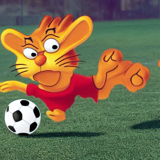 Prompt: garfield playing soccer in the space outside of the earth