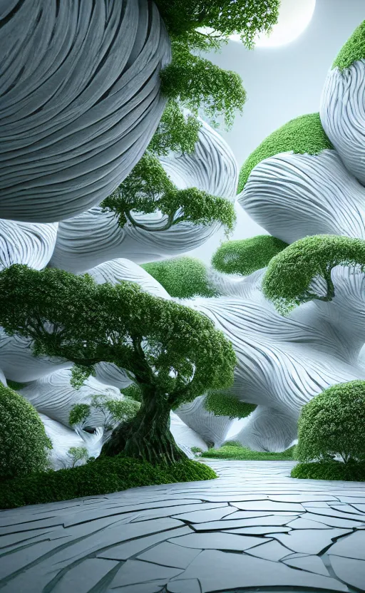 Image similar to highly detailed ultra sharp 3 d render cinematic composition of a smooth ceramic porcelain magnolia stone white fluid fractal sci - fi surreal architecture landscape, marble, magnesium, vining foliage blooms, archviz, vincent callebaut composition, mamou - mani, beautiful lighting, 8 k, unreal engine, hdr, dof