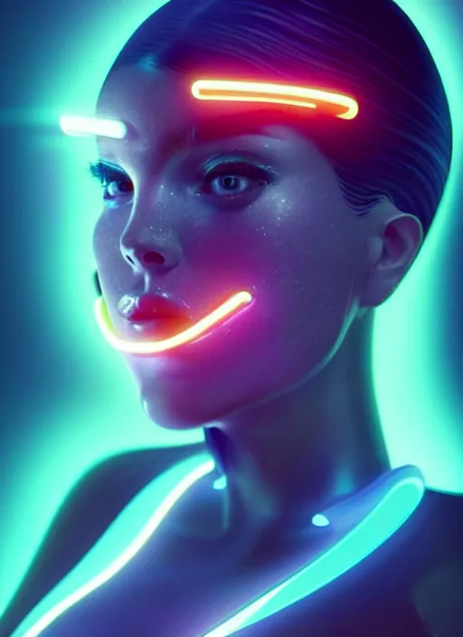 Image similar to a sensual female humanoid with freckles cheeks, futurism, cyber neon lighting, detailed futuristic jewelry, futuristic glossy latex suit, profile posing, hyper photorealistic, crispy quality, digital photography, trending in pinterest, cinematic, 4 k ultra hd, art by pascal blanche, art by greg rutkowski, art by artgerm,