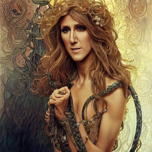 Image similar to amazing lifelike award winning pencil illustration of Celine Dion with many snakes for hair trending on art station artgerm Greg rutkowski alphonse mucha cinematic