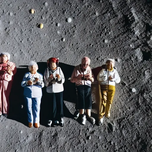 Image similar to an group of elderly people on the surface of the moon, 🌕, 🍦, eating ice - cream, tourist bus, canon eos r 3, f / 1. 4, iso 2 0 0, 1 / 1 6 0 s, 8 k, raw, unedited, symmetrical balance, wide angle