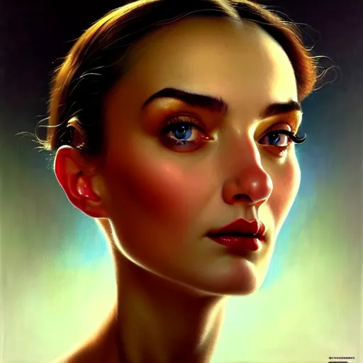 Prompt: close up face of a extremely beautiful face, portrait, masterpiece, oil on canvas, death and robots, artgerm, norman rockwell, craig mulins, trending on pxiv,