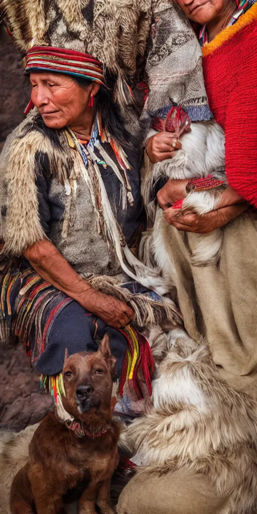 Image similar to indigenous Cuzco Couple with Dog, Peru in 1950, andean clothing, unreal 5, hyper realistic, realistic, photo realistic, dynamic lighting, highly detailed, cinematic landscape, studio landscape, studio lighting