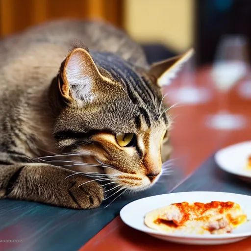 Image similar to Cat eating lasagna of the kitchen table, photorealistic, 40nm lens, 4k,