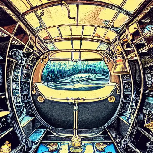 Image similar to intricate detailed victorian golf interior of submarine, pipes, captain, by peter mohrnacher and dan mumford, chsociety