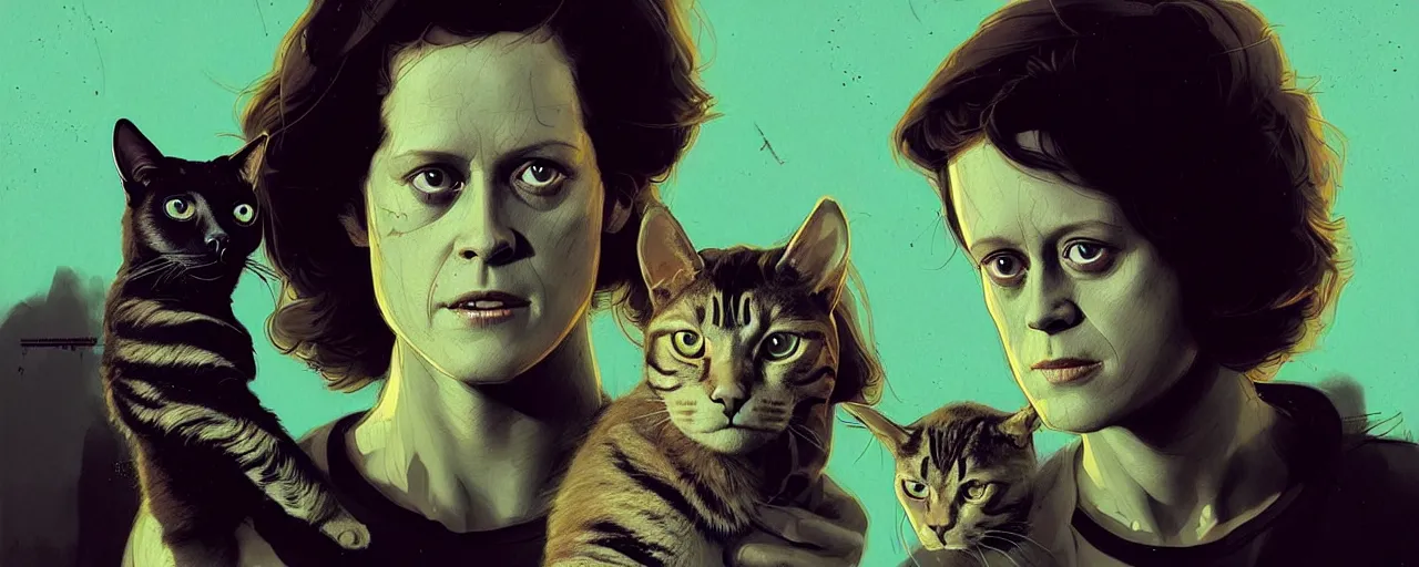 Prompt: duotone dark concept illustration 3 / 4 portrait of young sigourney weaver as ellen ripley holding a cat. cinematic volumetric lighting space. golden ratio accidental renaissance. by sachin teng and sergey kolesov and ruan jia and heng z. graffiti art, scifi, fantasy, hyper detailed. octane render. concept art. trending on artstation