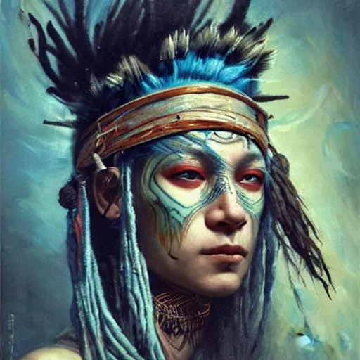 Image similar to A young blindfolded shaman woman with a decorated headband, in the style of heilung, blue hair dreadlocks and wood on her head, tribal piercing and tatoos , atmospheric lighting, intricate detail, cgsociety, ambient light, dynamic lighting, art by karol bak