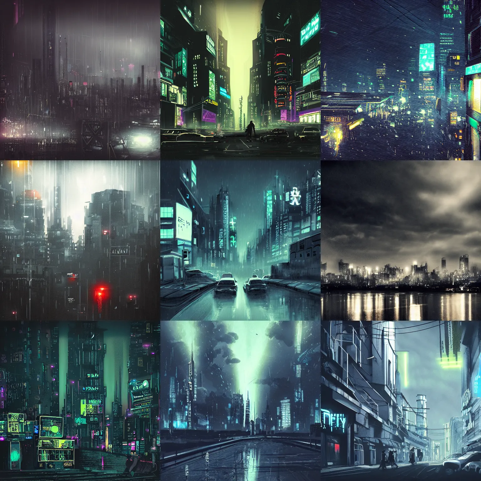 Prompt: dark sky by pollution in a cyberpunk city