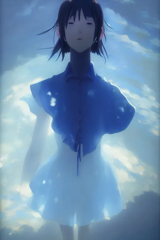 Prompt: a portrait of the sapphire herald in an elegant summer blouse, by makoto shinkai, by akihiko yoshida, by zdzislaw beksinski, by dariusz zawadzki, by lewis jones, artbook, tone mapped, deep blues, shiny, soft lighting