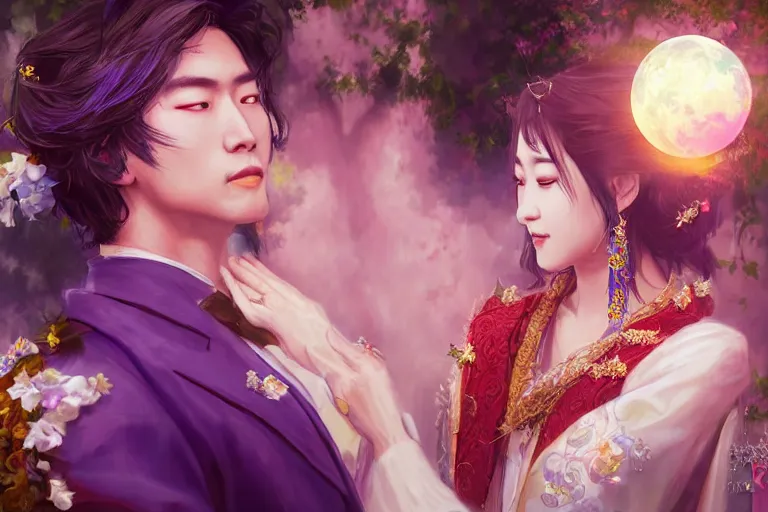 Image similar to a cinematic portrait of wedding photograph jpeg close up moment of a divine a japan sun god and moon goddess lovers magician at a wedding banquet. portraiture. digital painting. artstation. concept art. fantasy wedding photo. digital painting, 8 k realistic, hyper detailed, violet evergarden art masterpiece by art by krenz cushart