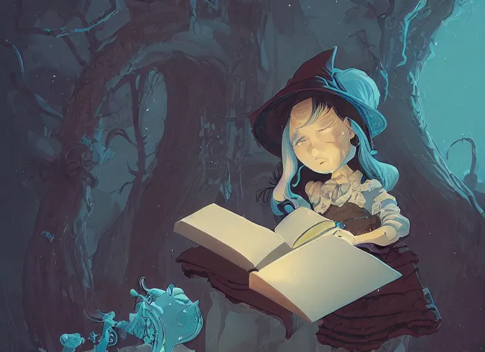 Prompt: highly detailed portrait of a little witch opening a book art by ghailan, james gilleard, by joe fenton, by greg rutkowski, by greg tocchini, by kaethe butcher, 4 k resolution, gradient yellow, black, brown and cyan color scheme, grunge aesthetic!!!