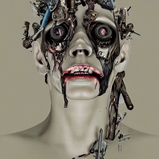 Prompt: photorealistic portrait of a twisted, corrupted, decaying cyborg