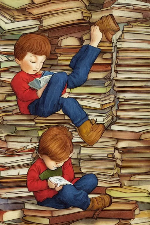 Image similar to a little boy with ginger hair sits cross legged on top of a tall pile of books. he is reading. clean elegant pretty cartoon painting, beautiful detailed face, storybook illustration.