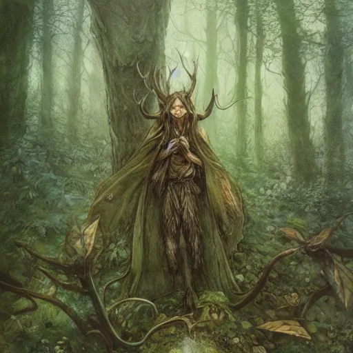 Prompt: A wood elf wizard in a magical forest clearing by Jean Baptiste Monge, Brian Froud, John Howe, Alan Lee, trending on artstation volumetric lighting, dramatic lighting