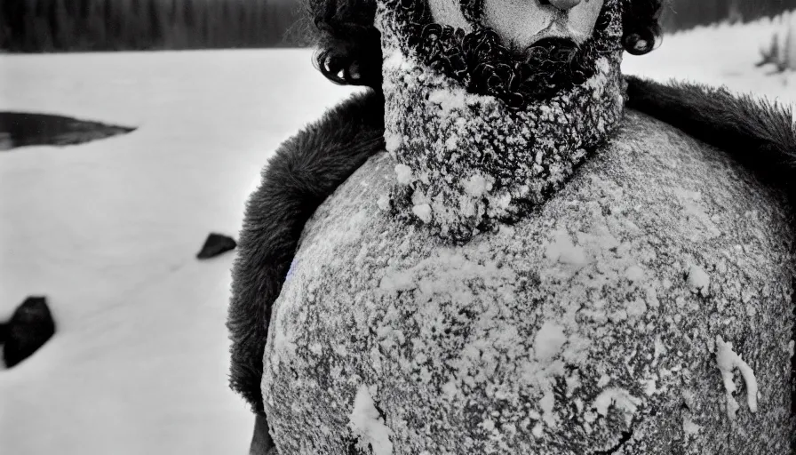 Image similar to 1 9 6 0 s movie still close up of marcus aurelius wearing roman legionnaire clothes frozen to death under the snow by the side of a river with gravel, pine forests, cinestill 8 0 0 t 3 5 mm, high quality, heavy grain, high detail, texture, dramatic light, anamorphic, hyperrealistic, detailed hair, bright sun