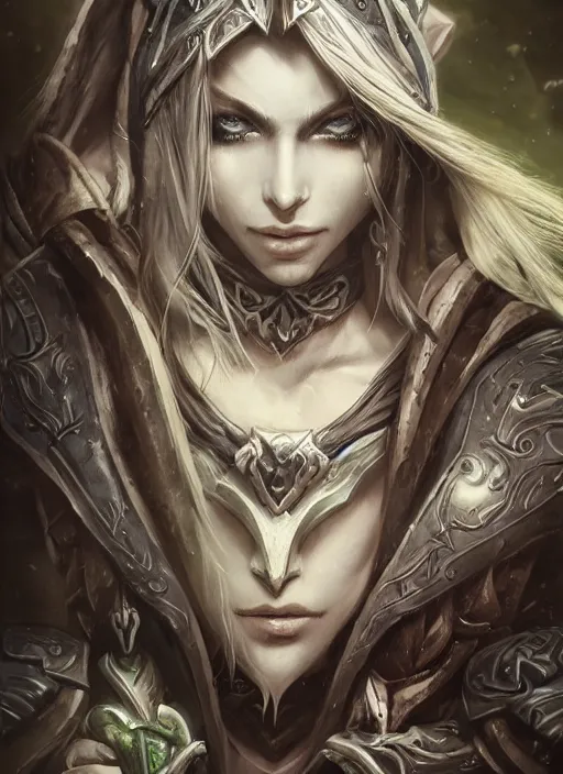 Image similar to close up portrait of sylvanas windrunner magic the gathering card, powerful, domineering, stoic, masterful, intense, ultrafine hyperdetailed illustration by kim jung gi, irakli nadar, intricate linework, sharp focus, octopath traveler, yoji shinkawa, highly rendered, detailed, concept art