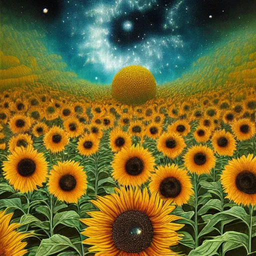 Prompt: detailed, intricate teal and iridescent, bioluminescent sunflowers in the field, nebula, galaxy in the sky, winning award masterpiece, fantastically beautiful, illustration, aestheticly inspired, jacek yerka, upscale with anguissola sofonisba work, artstation, 8 k