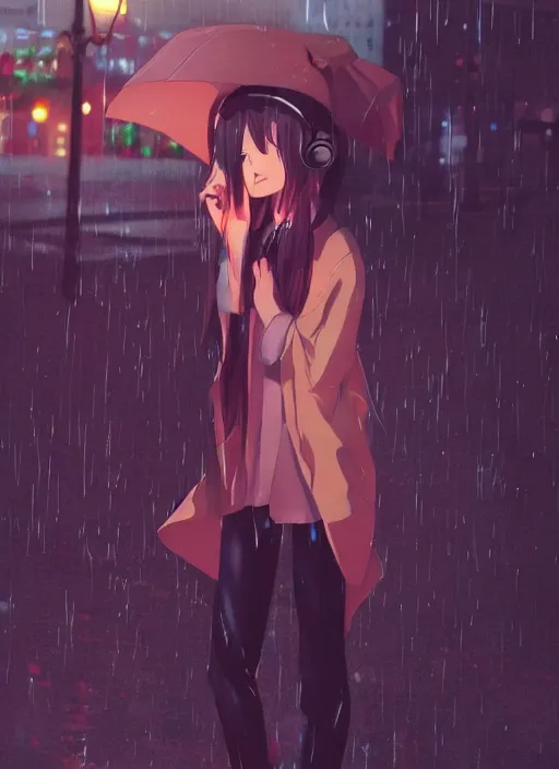 Image similar to listening to music at 2 am, night, pretty girl, pose, rain, lofi, lofi, peaceful, street light, anime key visual, poster, street wears, anime, by wlop, high quality, 4 k, trending, trending on artstation