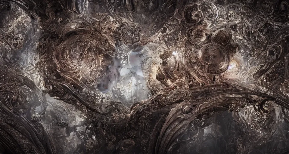 Image similar to vanishment of the gods, cinematic, end of an era, chaos, digital art. ornate, intericate, fractal patterns, ethereal, cinematic, artstation, hyper detailed, weta digital, ray trace, 3 d sculpture, beautifully lit, glow, soft light, photorealistic, ghost, symmetric, masterpiece, realistic, highly detailed
