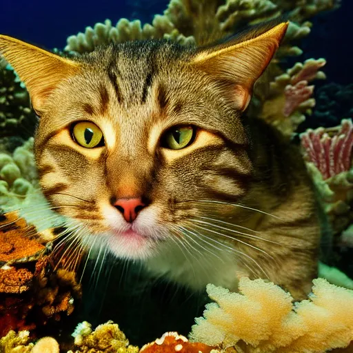 Image similar to a cat under water dives through a coral reef, 8k photography