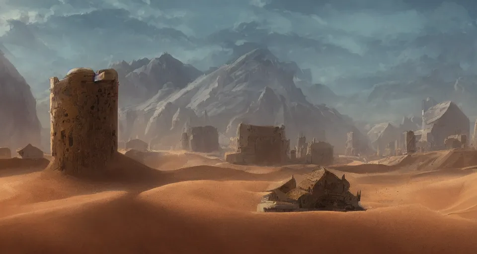 Image similar to a distant desert village, no mountains, artstation, cgsociety