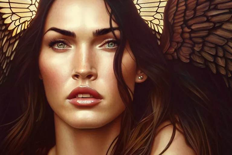 Prompt: portrait of megan fox as an angel, wings, intricate, headshot, highly detailed, digital painting, artstation, concept art, sharp focus, cinematic lighting, illustration, art by artgerm and greg rutkowski, alphonse mucha, cgsociety